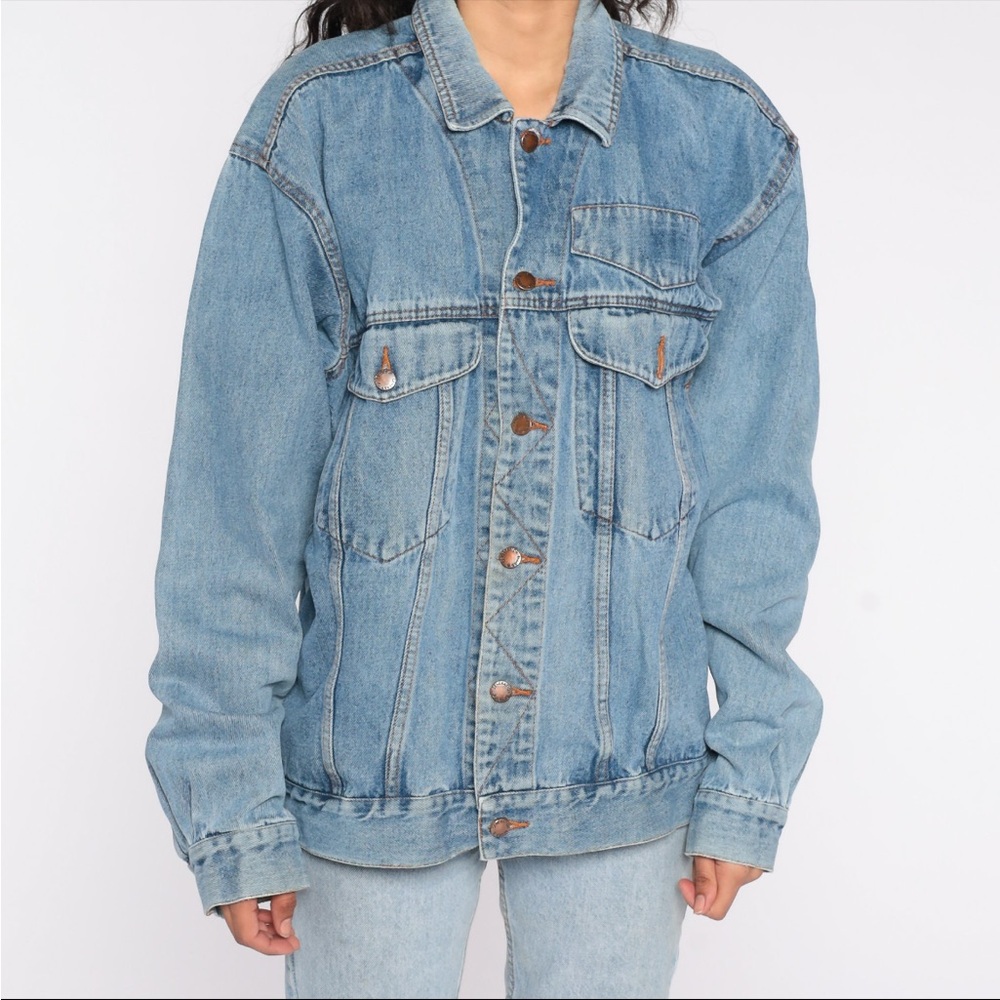 Vintage denim jacket, stone wash, 80s trucker style, button up, authentic